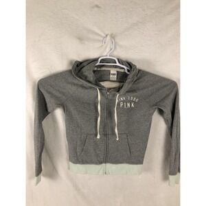 PINK Victoria's Secret Hoodie Teen Womens M Gray/Mint Full Zip Fleece Pockets